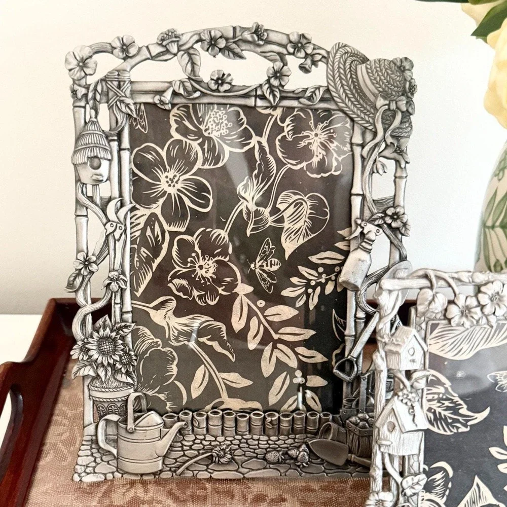 Vintage Cottage Garden Picture Frame Set Pewter Toned Raised Detail 5x7 & 3.5x5